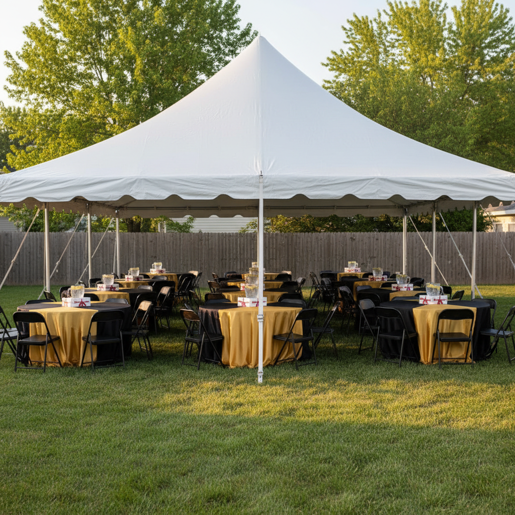 A bright backyard graduation party scene with a large, white high-peak event tent neatly erected on a manicured lawn, its taut canopy and sturdy metal poles clearly detailed. Underneath, round tables covered in smooth black and gold linens are arranged in orderly rows, each topped with simple centerpieces like stacked diploma-themed boxes and clear plastic drink pitchers. In the background, a suburban fence and a few leafy trees are softly out of focus. Early evening natural light gives the white tent a gentle glow while casting soft, elongated shadows across the grass. Photographed at a slightly wide, eye-level angle in realistic photographic style, the scene feels festive yet polished, perfect for showcasing graduation party rentals.